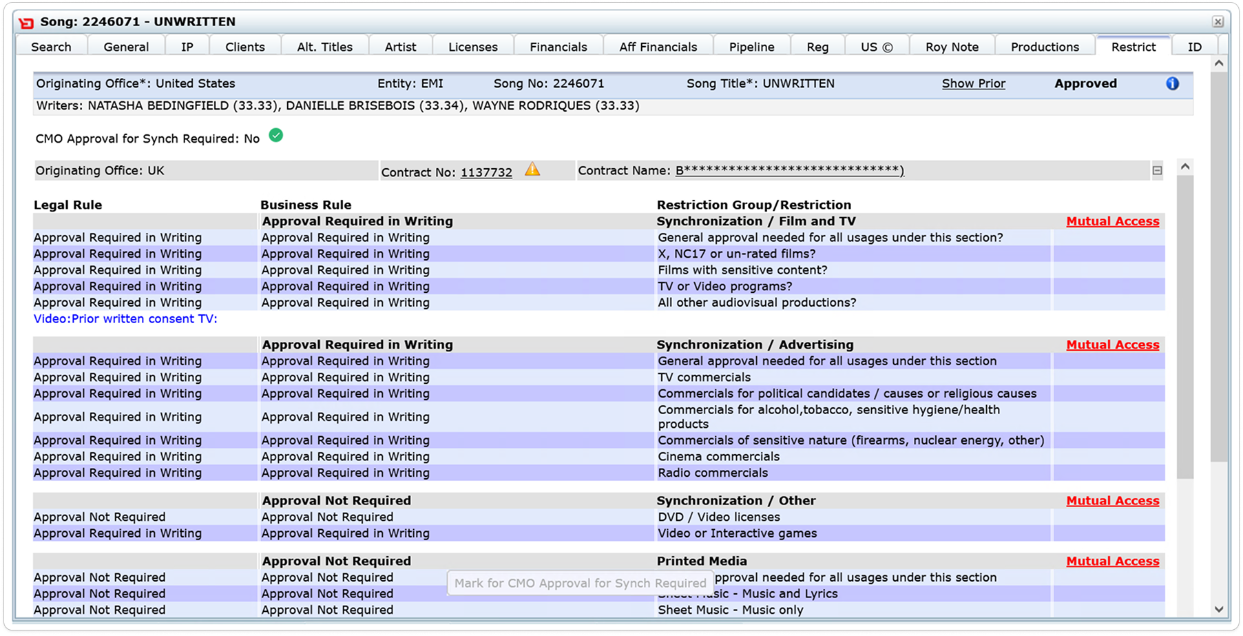 Legacy Sony licensing system activity screen